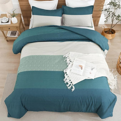 Litanika Comforter Set Queen Size Dark Teal - 3 Pieces Lightweight Colorblock Stripe Fluffy Bedding Comforter Sets, All Season Bed Set