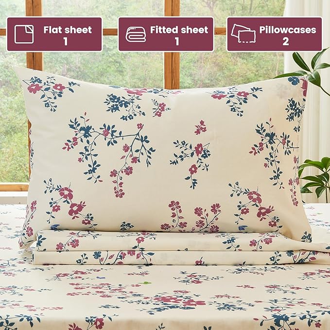 Bedlifes 100% French Linen Sheets King Size – Floral Printed, Botanical Pattern Breathable Cooling Sheet Set, 16" Deep Pocket, 4-Piece (King, Floral Red)