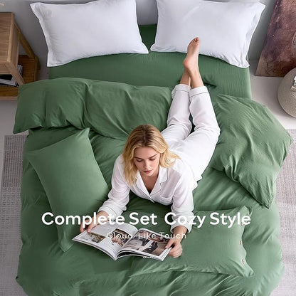 JELLYMONI 100% Washed Cotton Duvet Cover Queen – Soft, Breathable Linen-Look Bedding with Natural Wrinkle Texture, Button Closure, 3-Piece Set (Dusty Green, 90"x90")