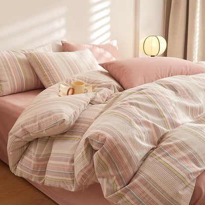 Pink Striped Comforter Twin XL Boho Down Alternative Bedding Set Washed Cotton Cozy Fluffy Cute Bedding Comforter Sets Chic Soft Breathable Vintage Bed Comforter with 2 Pillowcases