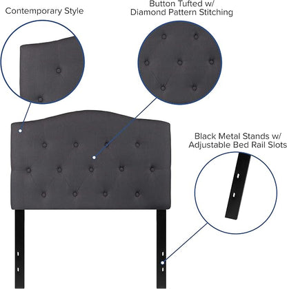EMMA + OLIVER Twin Size Tufted Upholstered Headboard with Adjustable Metal Bed Rail Slots, Modern Fabric Upholstered Twin Headboard, Dark Gray