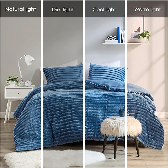 Intelligent Design Queen Comforter Set, Cozy Plush Bedding, Microfiber Reverse, 3 Piece, Lightweight, Super Soft Ribbed Velvet Comforter 2 Shams, All Season Fluffy Bed Set, Avril, Full/Queen Blue