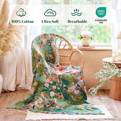 MSGKV Boho Throw Blanket for Couch Cotton Floral Blanket 50"x60" for Sofa Chair Throws Muslin Spring Breathable Lightweight Farmhouse Blankets Home Decor All Seasons
