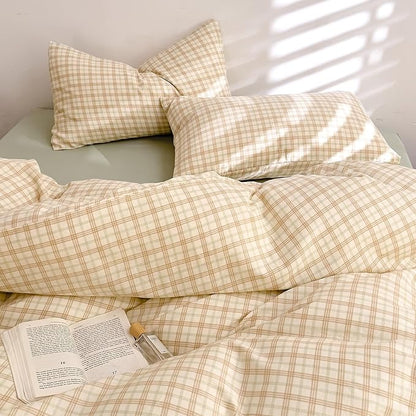 Vintage Beige Plaid Duvet Cover Full 100% Cotton Muslin Beige Green Plaid Checkered Grid Bedding Set Breathable Soft Linen Like Gauze Comforter Cover Farmhouse Gingham Duvet Cover with Zipper Closure