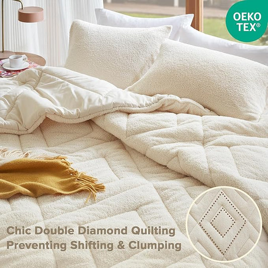 Comfort Spaces King Comforter Set Reversible Feather-Soft Plush Comforters for King Size Bed All Season Lightweight Shearling Fleece Sherpa Comforter King Size Bed Set, King/Cal King, Ivory 3 Piece