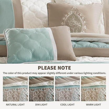 510 DESIGN Luxe Quilted Comforter Set Modern Transitional Design, All Season Down Alternative Warm Bedding Matching Shams, Bedskirt, Decorative Pillow, Queen, Shawnee Scrollwork Seafoam