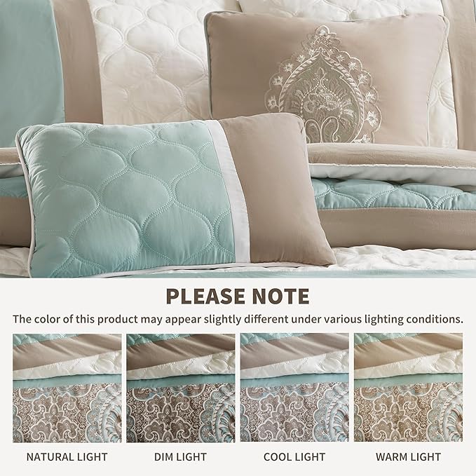 510 DESIGN Luxe Quilted Comforter Set Modern Transitional Design, All Season Down Alternative Warm Bedding Matching Shams, Bedskirt, Decorative Pillow, Cal King, Shawnee Scrollwork Seafoam