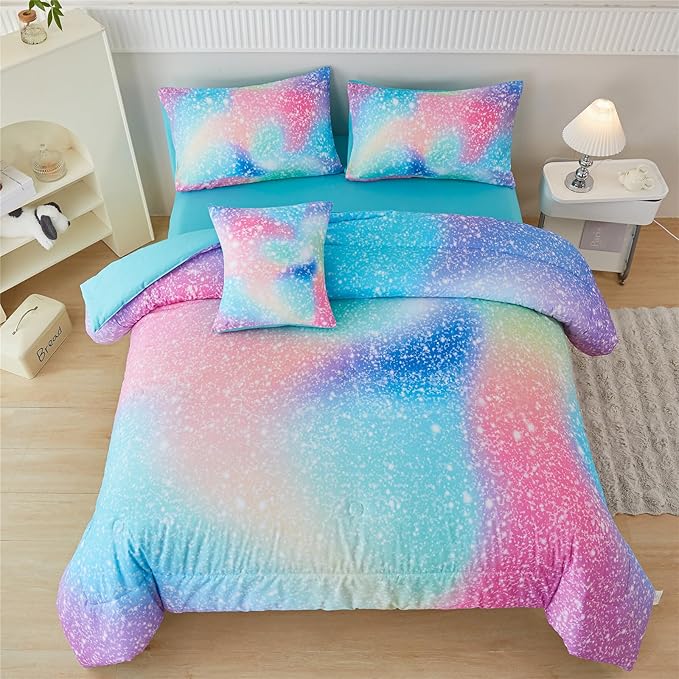 RYNGHIPY Full Girls Comforter Set Colorful Rainbow Bed in A Bag for Girls Kids 6 Piece Ombre Galaxy Glitter Bedding Set
