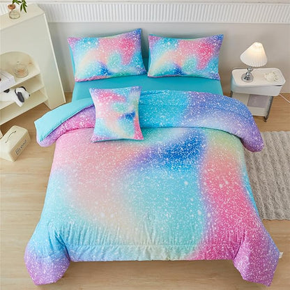 RYNGHIPY Full Girls Comforter Set Colorful Rainbow Bed in A Bag for Girls Kids 6 Piece Ombre Galaxy Glitter Bedding Set