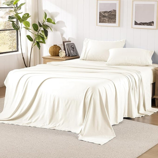 ROSE&RISY Beige King Size Sheet Set, Pre-Washed Microfiber Cotton-Like 4 Pcs Ultra Soft Bedding Set King, Breathable Cooling Skin-Friendly All Seasons, 1 Fitted, 1 Flat, 2 Pillowcases (Beige, King)
