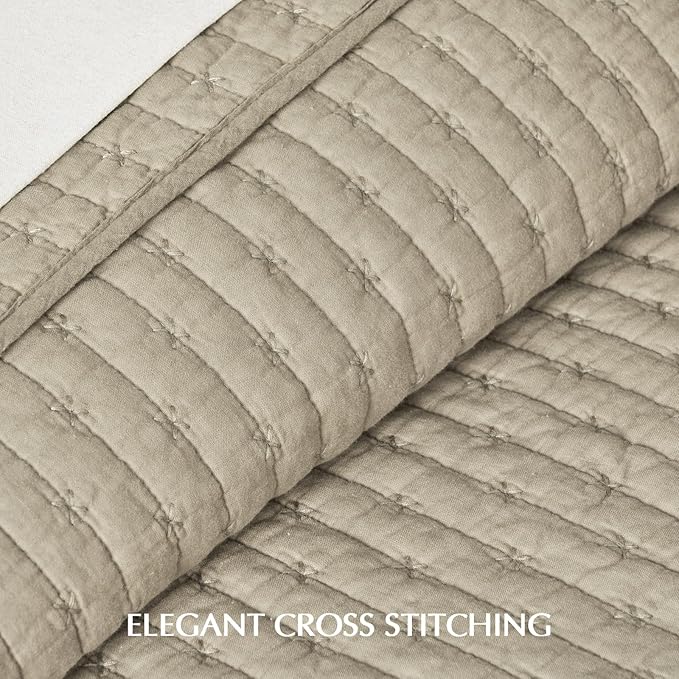 EVERGRACE Cross Stitch Pre-Washed Cotton Quilt Bedding Set King Size, Oversized 3 Pieces Lightweight Bedspread Coverlet for All Season, with 2 Matching Shams, Driftwood, 108"x96"