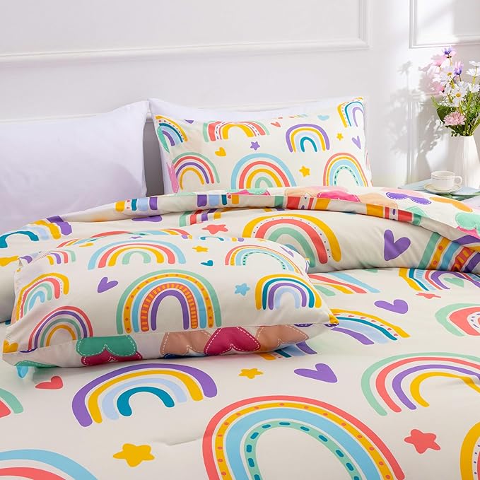 Btargot 3 Piece Kids Rainbow Comforter Set with 2 Pillow Covers, Cartoon Love Hearts Suns and Stars Bedding Set for Girls Boys, Full Beige