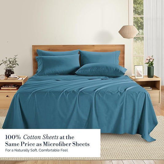 Casa Platino Sheet Set King Size – 100% Cotton Bed Sheets King with 4 Pillowcases, Ultra Soft & Cozy, Lightweight & Breathable, With 15" Deep Pocket Fitted Sheet, Perfect Everyday Sheets – Blue Heaven