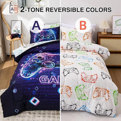 A Nice Night 5Pcs Gaming Comforter Set,Blue Purple 3D Game Contoller Themed Printing Bedding Sets for Kids Teen Boys, Reversible Comforter for All Seasons,Full