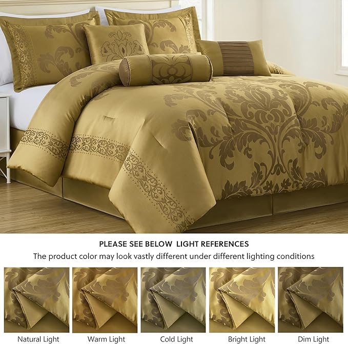 Chezmoi Collection 7-Piece Jacquard Floral Comforter Set (Queen, Gold)