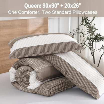 Litanika Comforter Set Queen Size Hazel - 3 Pieces Lightweight Colorblock Stripe Fluffy Bedding Comforter Sets, All Season Bed Set