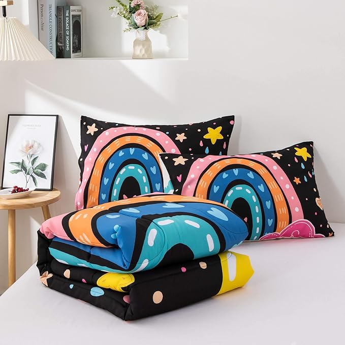 Btargot Lightweight Soft 3 Piece Rainbow Comforter Set with 2 Pillow Covers, Cartoon Love Hearts Flowers and Sun Moon Star Bedding Set for Girls Boys Kids, Full Black