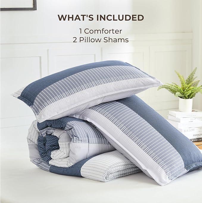 Litanika Mineral Blue Comforter Set Super King - 3 Pieces Lightweight Mineral Blue White Colorblock Stripe Fluffy Bedding Comforter Sets, All Season Bed Set