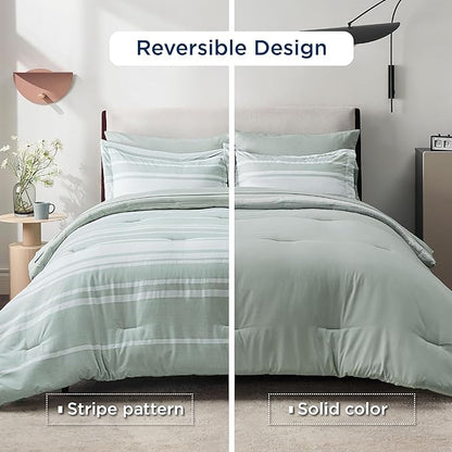 Bedsure Twin Comforter Set 5 Pieces, Sage Green Striped Bedding Set for All Seasons, Reversible, Cationic Dyeing Bed in a Bag with Comforter, Sheets, Pillowcase & Sham