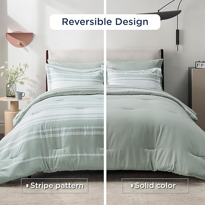 Bedsure King Comforter Set 7 Pieces, Sage Green Striped Bedding Set for All Seasons, Reversible, Cationic Dyeing Bed in a Bag with Comforter, Sheets, Pillowcases & Shams