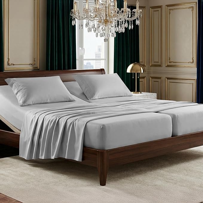 Elegant Comfort Luxurious 1500 Premium Hotel Quality Microfiber Three Line Embroidered Softest 5-Piece Bed Sheet Set, Wrinkle and Fade Resistant, Split King, Silver