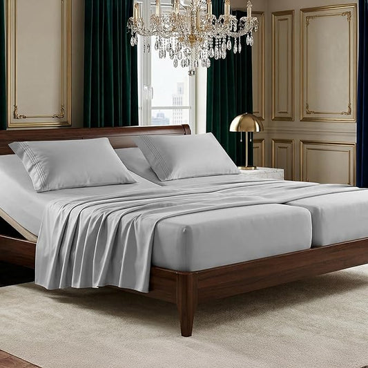 Elegant Comfort Luxurious 1500 Premium Hotel Quality Microfiber Three Line Embroidered Softest 5-Piece Bed Sheet Set, Wrinkle and Fade Resistant, Split King, Silver