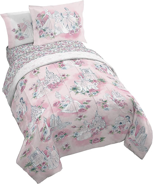 Jay Franco Kids Comforter Set Includes Sheets and Pillow Covers - Soft and Cozy Bed Set for Stylish Room Decor, Pink - Disney Princess, 7 Piece Full Bedding