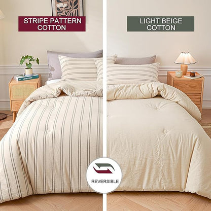 Cyusri Cotton Stripe Queen Comforter Set - Soft Lightweight Bedding 3 Pieces Dyed Bed Set with 2 Pillow Shams,Reversible All Season Farmhouse Down Alternative(Queen Size 90"x90" Beige)
