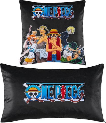 One Piece 2-Pc Cushion Cover Set, Pillow Covers for Bed, Couch, Rectangular 20x12 in, Square 14 x14 in, Luffy Straw Hat Anime Gifts for Boys