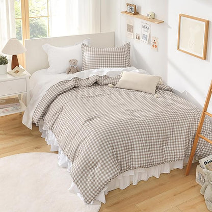 Andency Tan Gingham Comforter Set Twin(66x90Inch), Brown Checkered Grid Plaid Buffalo Bed Set for Girls Boys Kids Teens, 2 Pieces Lightweight Polyester Geometric Preppy Bedding