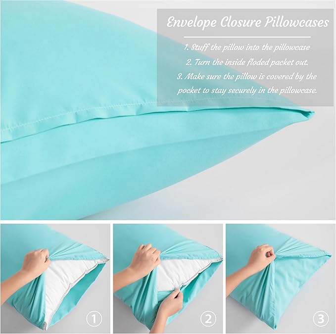 NTBAY Toddler Pillow Cases Set of 2, 2 Pack Brushed Microfiber 14x20 Pillow Cases, Soft, Wrinkle, Fade, Stain Resistant Aqua Pillow Cases with Envelope Closure, 14x20 Inches, Aqua