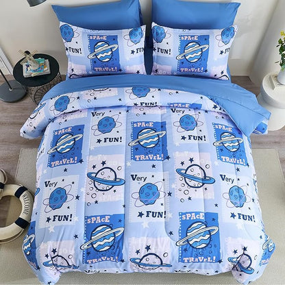 Drucon Kids Space Comforter Set Bed in A Bag Twin Size 6 Piece Cartoon Planets Bedding Set for Teens Boys Girls
