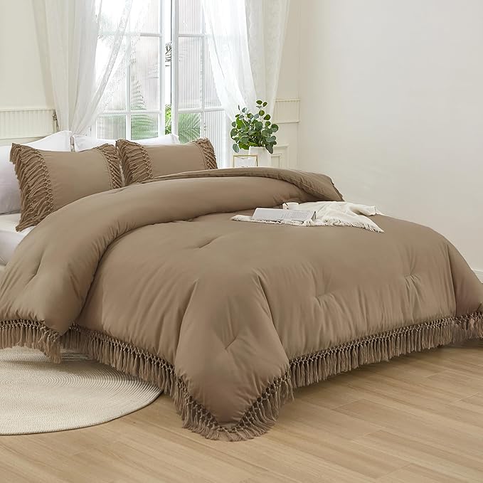 Andency Taupe Comforter Set California King, 3 Pieces Boho Tassel Lightweight Soft Bedding Comforter Sets for King Bed, All Season Fluffy Fringe Bed Set (104x96In Comforter & 2 Pillowcases)