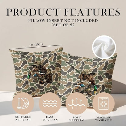 Vintage Camo Labrador Retriever Mallard Duck Throw Pillow Covers 18x18 Set of 2, Dog Hunting Pillowcase, Camouflage Farm Animal Decorative Pillow Covers,Camouflage Wild Animal Decor（86）
