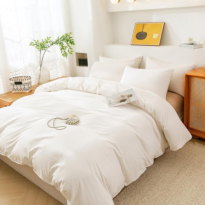 ECOCOTT 100% Washed Cotton Duvet Cover Oversized King Size – Soft & Breathable Linen Feel Bedding Set, 3 Pieces White Comforter Cover with Zipper Closure for All Seasons