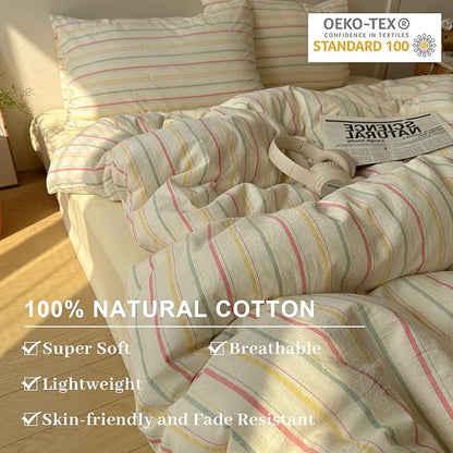 EAVD Colorful Striped Duvet Cover Twin Soft 100% Cotton Vintage Pink Green Yellow Stripes Printed Bedding Set with 2 Pillowcases Retro Reversible Geometric Comforter Cover with Zipper Corner Ties