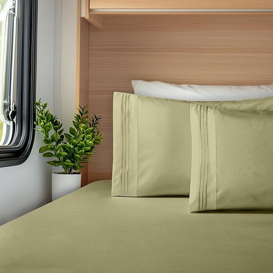 Elegant Comfort Luxurious 1500 Premium Hotel Quality Microfiber Three Line Embroidered Softest 4-Piece Bed Sheet Set, Wrinkle and Fade Resistant, RV Short Queen, Green
