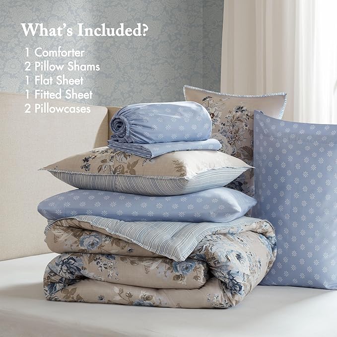Madison Park Essentials Floral Comforter Set Queen Size, Vintage Flower Bedding Set with Sheet Set, 7 Pieces Bed in a Bag with Reversible Botanical Comforter, Pillowcases & Shams, Heather, Beige/Blue