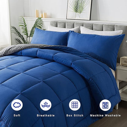 DOWNCOOL Queen Comforter Set -All Season Bedding Comforters Sets with 2 Pillow Cases-3 Pieces Bedding Sets Queen -Down Alternative Blue/Grey Queen Size Comforter Sets(88"x92")