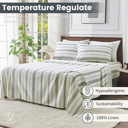 100% Linen Sheets Queen Size,Breathable & Durable 4-Piece Bed Flax Stripes Sheet Set,Soft All-Season Bedding for Hot Sleepers 16" Deep Pocket Oeko-TEX Certified,（Queen, Grey Stripes）