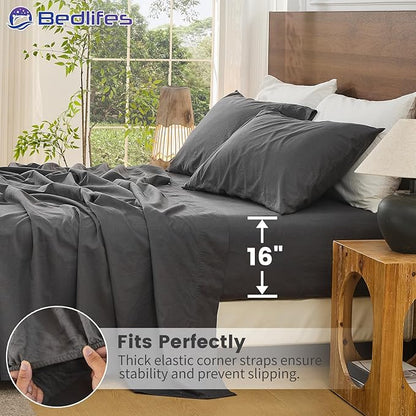 Bedlifes 100% French Pure Linen Sheets Queen Size Breathable and Cooling Flax Sheet Set Soft Durable and Moisture Wicking 16 Inch Deep Pocket-4 Piece(Queen,Dark Grey)