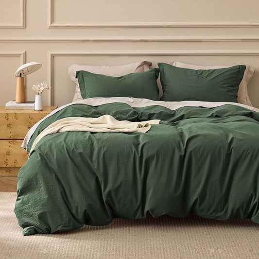 Bedsure 100% Washed Cotton Duvet Cover Oversized King - Olive Green Minimalist Bedding Set Linen Like - PureWoven Plain Simple & Soft Comforter Cover 3-Piece (Olive Green, Oversized King, 120"x98")