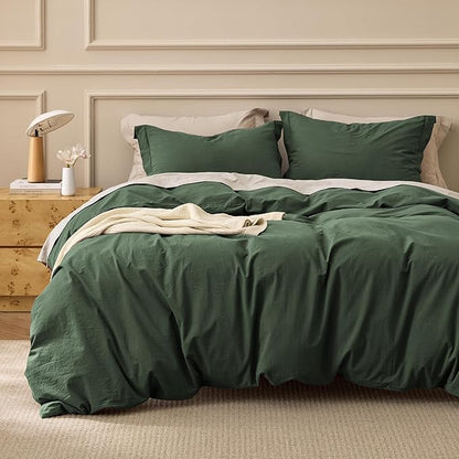 Bedsure 100% Washed Cotton Duvet Cover King Size - Olive Green Minimalist Bedding Set Linen Like - PureWoven Plain Simple & Soft Comforter Cover for All Seasons (Olive Green, King, 104"x90")