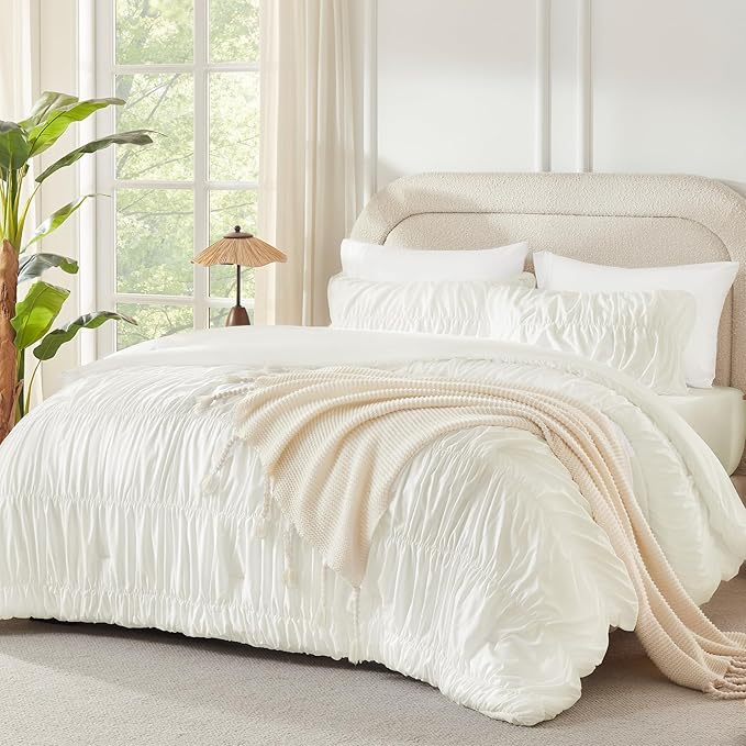Andency Ruched Ivory King Size Comforter Set, Shabby Chic Pleated Bedding Sets 3 Pieces, Lightweight Soft Boho Ruffle Bed Set for Girls, Kids, Women, All Season