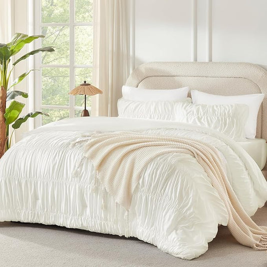 Andency Ruched Ivory Queen Size Comforter Set, Shabby Chic Pleated Bedding Sets 3 Pieces, Lightweight Soft Boho Ruffle Bed Set for Girls, Kids, Women, All Season