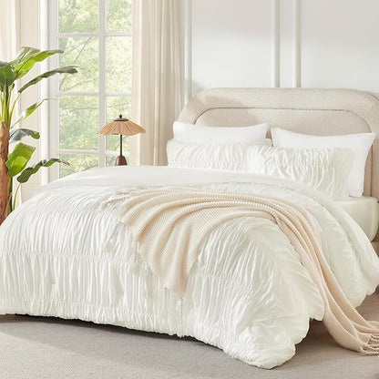 Andency Ruched Ivory Oversized Queen Size Comforter Sets, Shabby Chic Pleated Bedding Sets 3 Pieces, Lightweight Soft Boho Ruffle Bed Set for Girls, Kids, Women, All Season