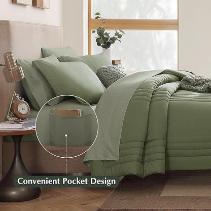 Monbix Full Comforter Set - 7 Pieces Light Sage Green Bed in a Bag Full Size Bedding Sets with Comforters, All Seasons Comforter with Sheets, Pillowcases & Shams