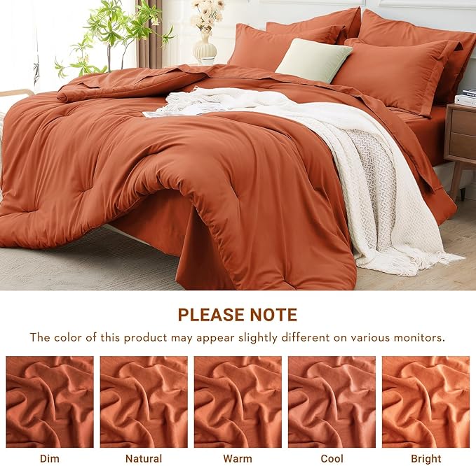 MUXHOMO 7 Pieces King Comforter Set, Soft Bed in a Bag King Size, All Season Bedding Set with Comforter, Flat Sheet, Fitted Sheet, Pillowcases & Shams, Burnt Orange