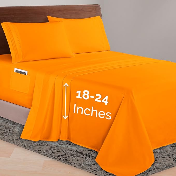 Elegant Comfort Luxurious 1500 Premium Hotel Quality Microfiber 4-Piece Sheet Set, 18-24 Inches Deep - Extra Deep Pocket Sheets - Ultra Soft 4PC Deep Pocket Sheets, Twin/Twin XL, Orange
