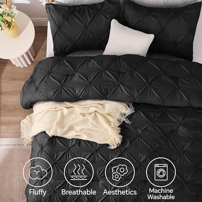 BEDELITE Black King Size Comforter Set - 3 Pieces Boho Pintuck Bedding Comforter Sets, Lightweight Soft & Warm King Bedding Set with 2 Pillowcases for All Season